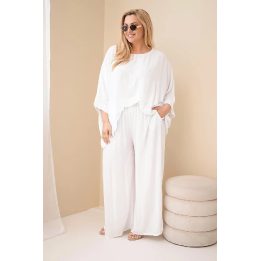 Moteriškas Plus Size viskozės komplektas su plačiomis kelnėmis ir palaidine, balta