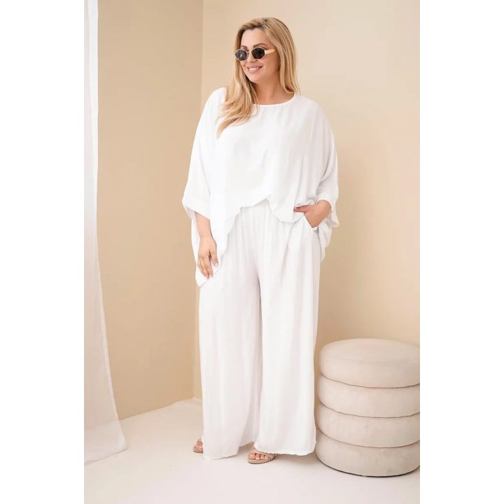 Moteriškas Plus Size viskozės komplektas su plačiomis kelnėmis ir palaidine, balta