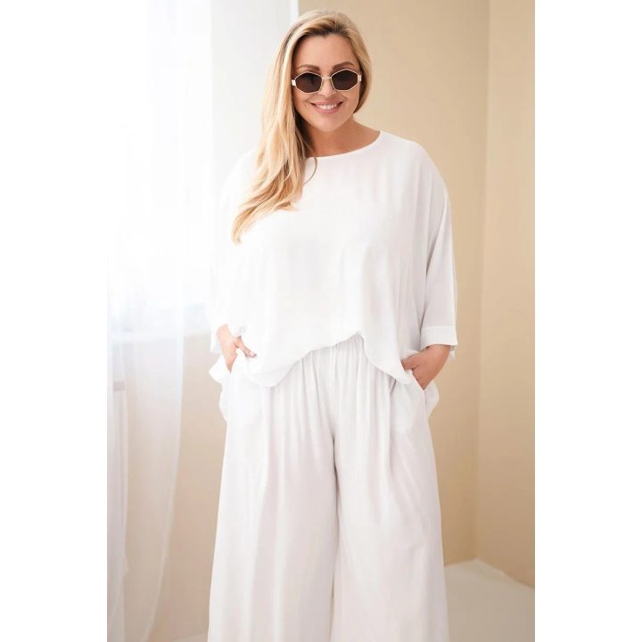Moteriškas Plus Size viskozės komplektas su plačiomis kelnėmis ir palaidine, balta