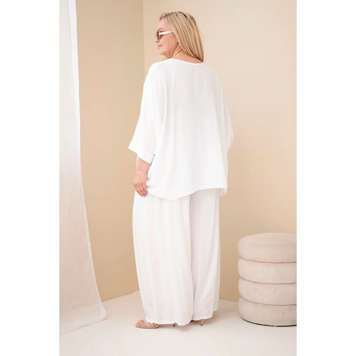 Moteriškas Plus Size viskozės komplektas su plačiomis kelnėmis ir palaidine, balta