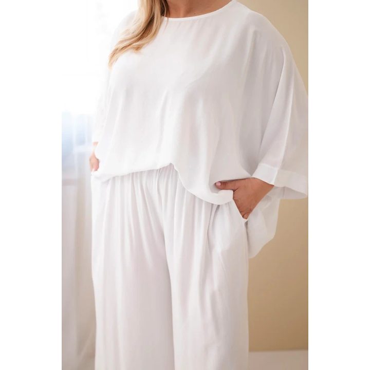 Moteriškas Plus Size viskozės komplektas su plačiomis kelnėmis ir palaidine, balta
