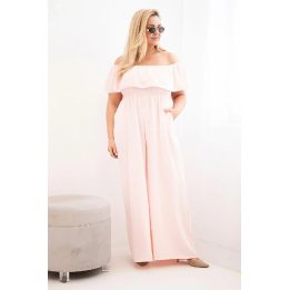 Moteriškas Plus Size kombinezonas su raukiniais ir trumpomis rankovėmis, pudrinės rožinės spalvos