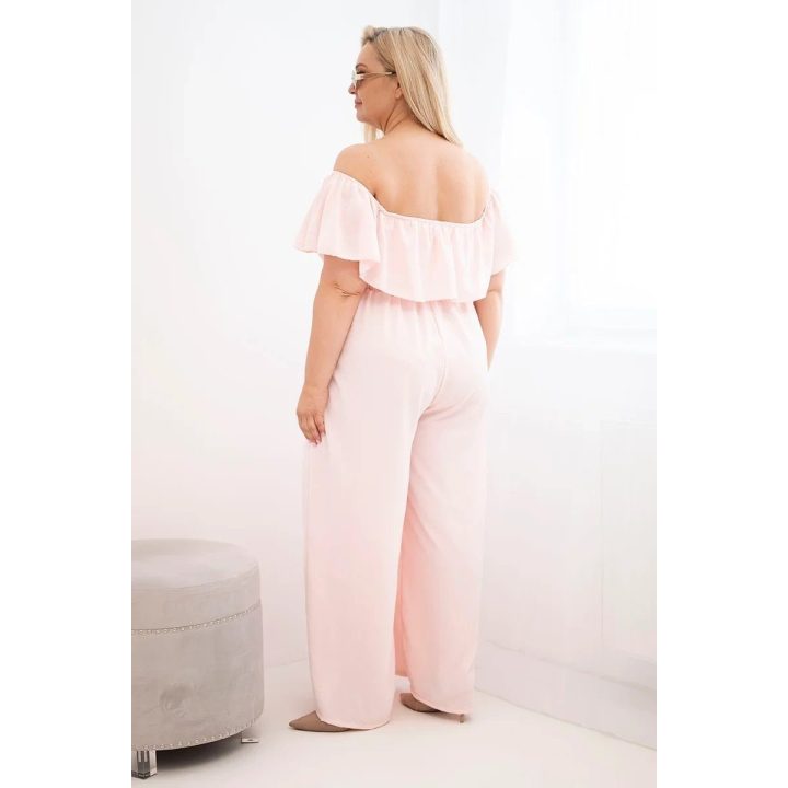 Moteriškas Plus Size kombinezonas su raukiniais ir trumpomis rankovėmis, pudrinės rožinės spalvos