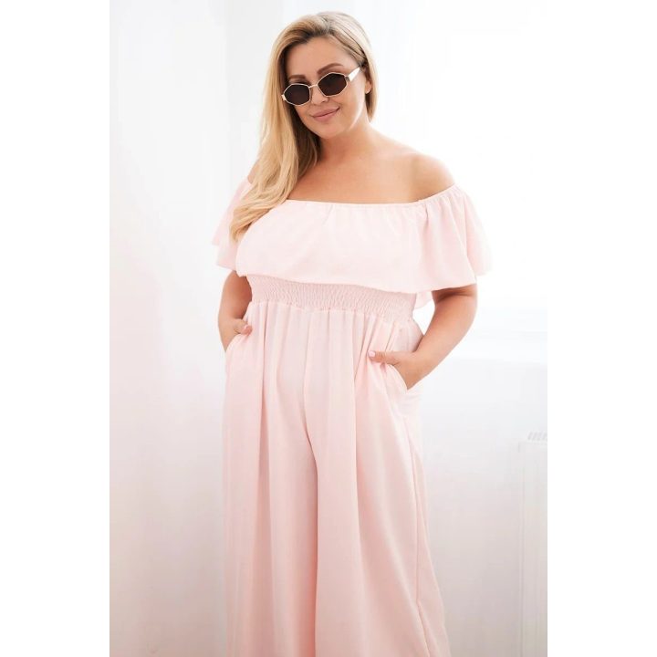 Moteriškas Plus Size kombinezonas su raukiniais ir trumpomis rankovėmis, pudrinės rožinės spalvos