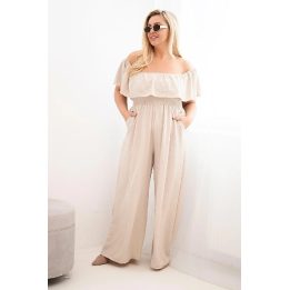 Moteriškas Plus Size kombinezonas su raukiniais ir trumpomis rankovėmis, smėlio spalvos