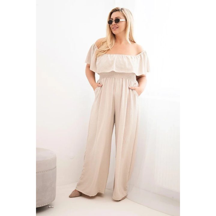 Moteriškas Plus Size kombinezonas su raukiniais ir trumpomis rankovėmis, smėlio spalvos
