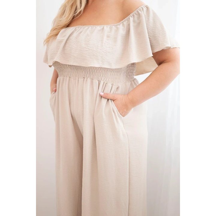 Moteriškas Plus Size kombinezonas su raukiniais ir trumpomis rankovėmis, smėlio spalvos