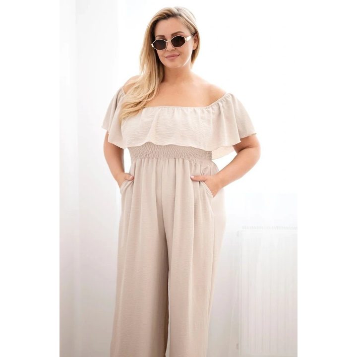 Moteriškas Plus Size kombinezonas su raukiniais ir trumpomis rankovėmis, smėlio spalvos
