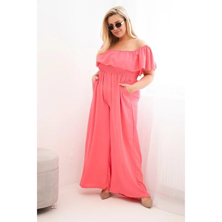 Moteriškas Plus Size kombinezonas su raukiniais ir trumpomis rankovėmis, rožinis