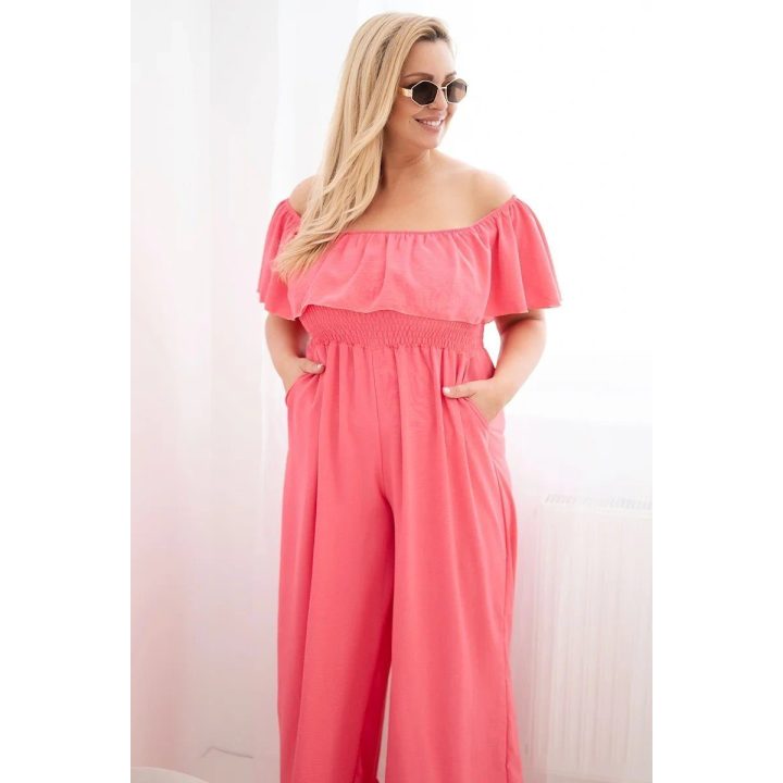 Moteriškas Plus Size kombinezonas su raukiniais ir trumpomis rankovėmis, rožinis
