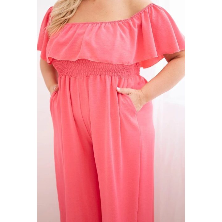 Moteriškas Plus Size kombinezonas su raukiniais ir trumpomis rankovėmis, rožinis