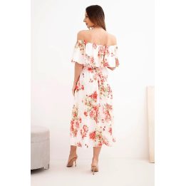 Moteriška off-shoulder midi suknelė su gėlių raštu, raudona