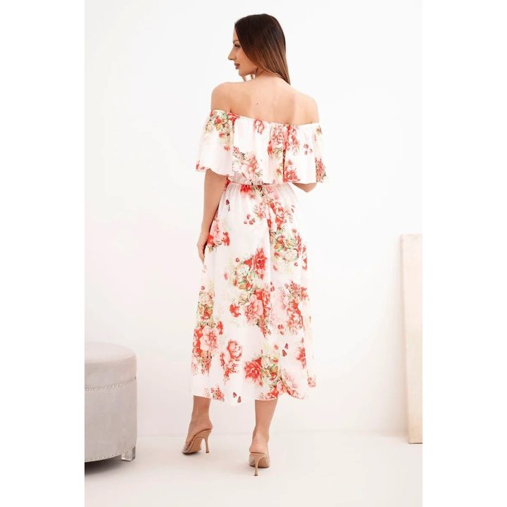 Moteriška off-shoulder midi suknelė su gėlių raštu, raudona
