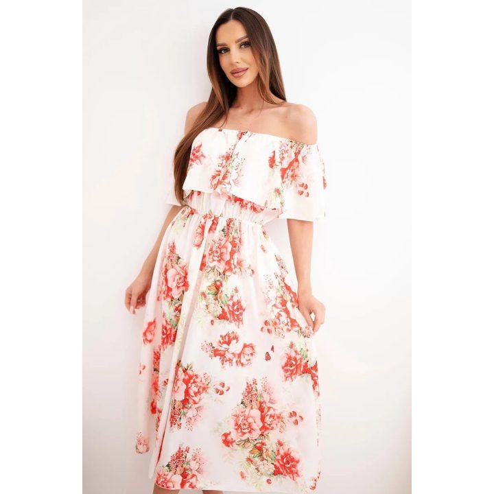 Moteriška off-shoulder midi suknelė su gėlių raštu, raudona