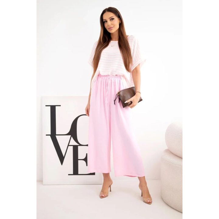 Moteriškas komplektas su dryžuota palaidine ir plačiomis kelnėmis, candy pink
