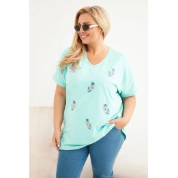 Moteriška Plus Size palaidinė su plunksnų aplikacijomis, mėtų spalvos