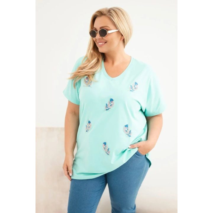 Moteriška Plus Size palaidinė su plunksnų aplikacijomis, mėtų spalvos