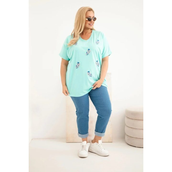 Moteriška Plus Size palaidinė su plunksnų aplikacijomis, mėtų spalvos
