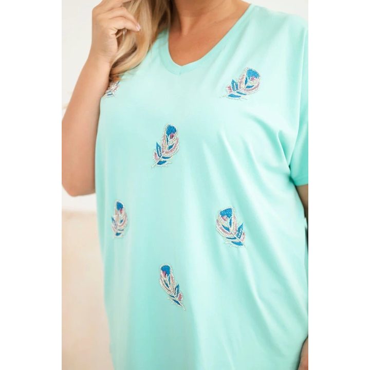 Moteriška Plus Size palaidinė su plunksnų aplikacijomis, mėtų spalvos