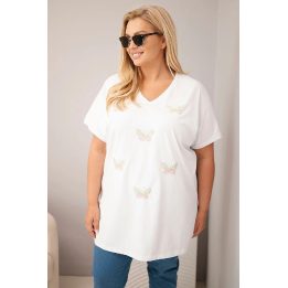 Moteriška Plus Size medvilninė palaidinė su drugelio aplikacijomis, balta
