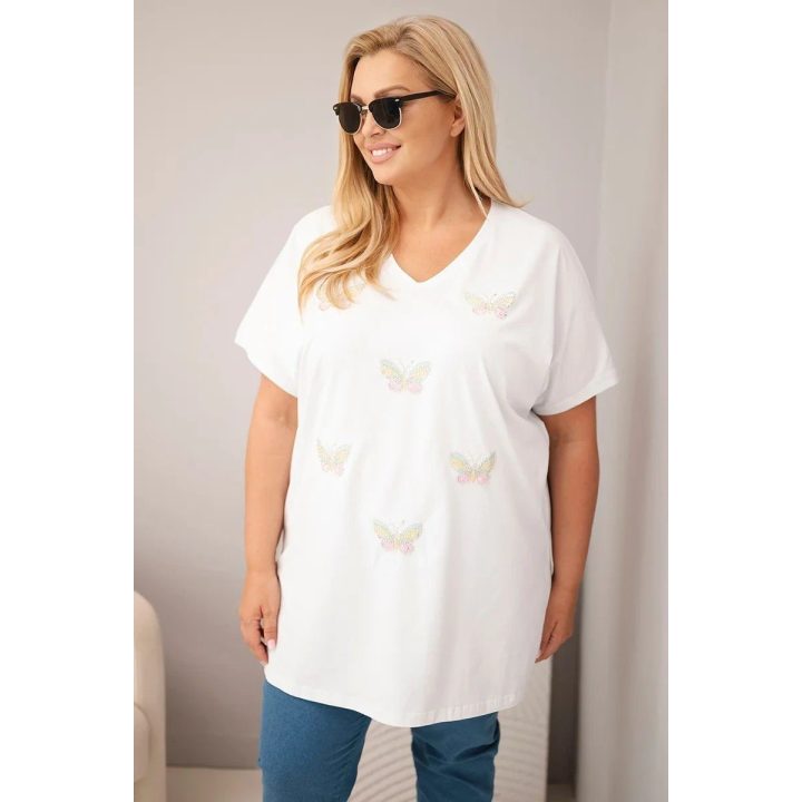 Moteriška Plus Size medvilninė palaidinė su drugelio aplikacijomis, balta