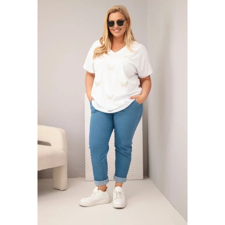 Moteriška Plus Size medvilninė palaidinė su drugelio aplikacijomis, balta