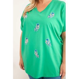 Moteriška Plus Size medvilninė palaidinė su plunksnų aplikacijomis, žalia