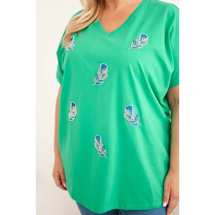 Moteriška Plus Size medvilninė palaidinė su plunksnų aplikacijomis, žalia