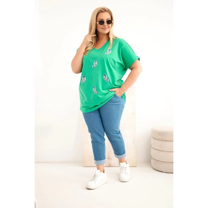 Moteriška Plus Size medvilninė palaidinė su plunksnų aplikacijomis, žalia