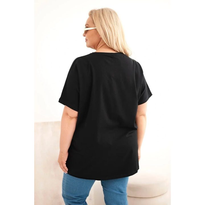 Moteriška Plus Size medvilninė palaidinė su plunksnų aplikacijomis, juoda