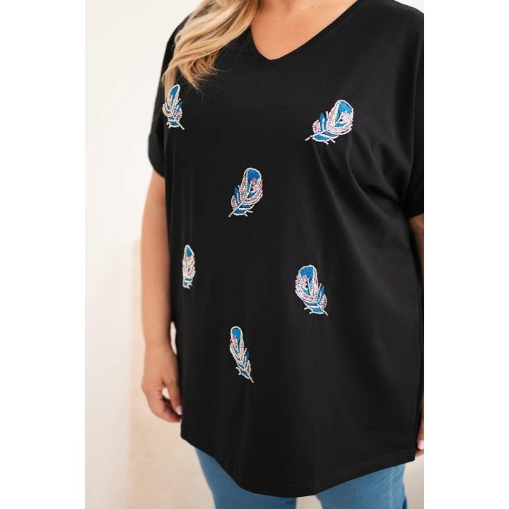 Moteriška Plus Size medvilninė palaidinė su plunksnų aplikacijomis, juoda