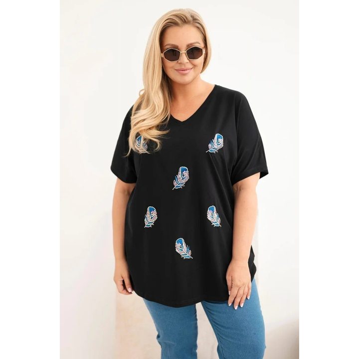 Moteriška Plus Size medvilninė palaidinė su plunksnų aplikacijomis, juoda