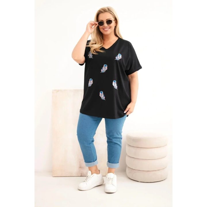 Moteriška Plus Size medvilninė palaidinė su plunksnų aplikacijomis, juoda
