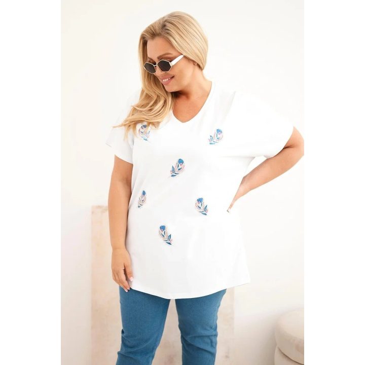 Moteriška Plus Size medvilninė palaidinė su piórų aplikacijomis, balta