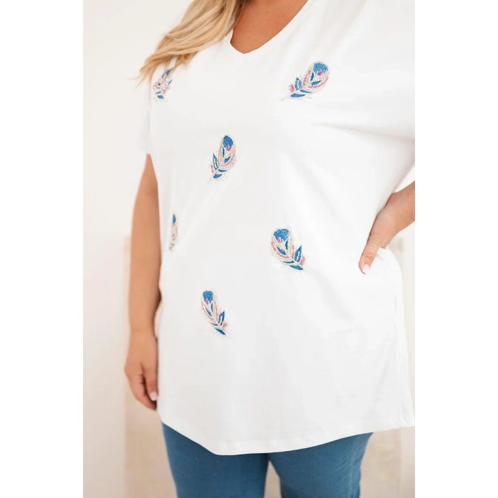 Moteriška Plus Size medvilninė palaidinė su piórų aplikacijomis, balta