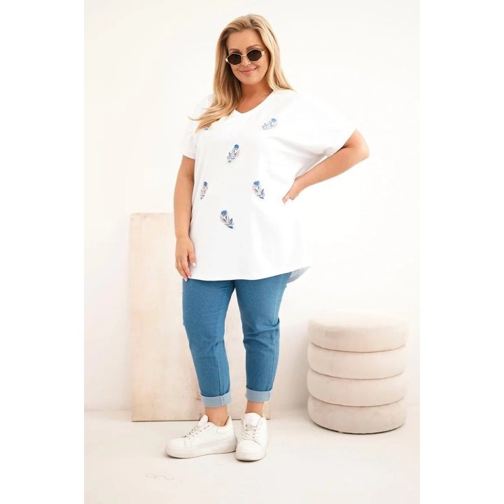 Moteriška Plus Size medvilninė palaidinė su piórų aplikacijomis, balta