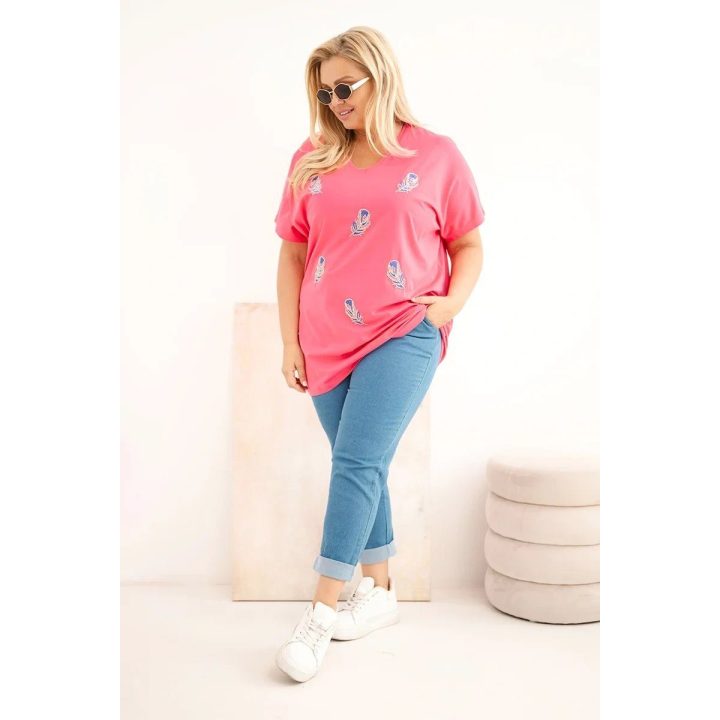 Moteriška Plus Size medvilninė palaidinė su plunksnų aplikacijomis, rožinė