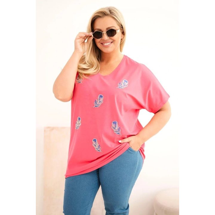 Moteriška Plus Size medvilninė palaidinė su plunksnų aplikacijomis, rožinė