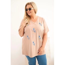 Moteriška medvilninė Plus Size palaidinė su plunksnų aplikacijomis, smėlio spalvos