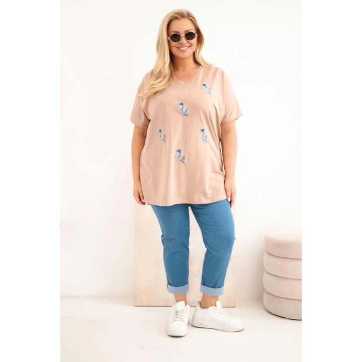Moteriška medvilninė Plus Size palaidinė su plunksnų aplikacijomis, smėlio spalvos
