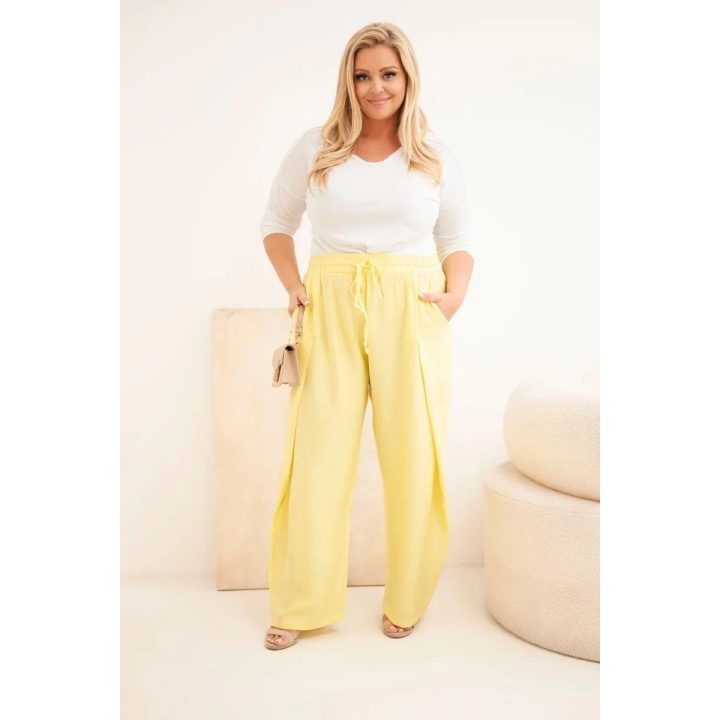 Moteriškos Plus Size medvilninės kelnės su tampriu juosmeniu, geltonos