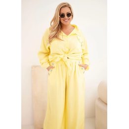 Moteriškas Plus Size komplektas su marškiniais ir plačiomis kelnėmis, geltonas
