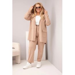 Moteriškas Plus Size medvilninis laisvalaikio komplektas su džemperiu ir kelnėmis, smėlio spalvos