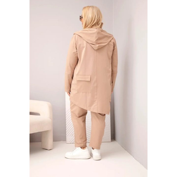 Moteriškas Plus Size medvilninis laisvalaikio komplektas su džemperiu ir kelnėmis, smėlio spalvos
