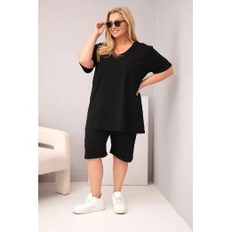 Moteriškas Plus Size medvilninis komplektas su palaidine ir šortais, juodas