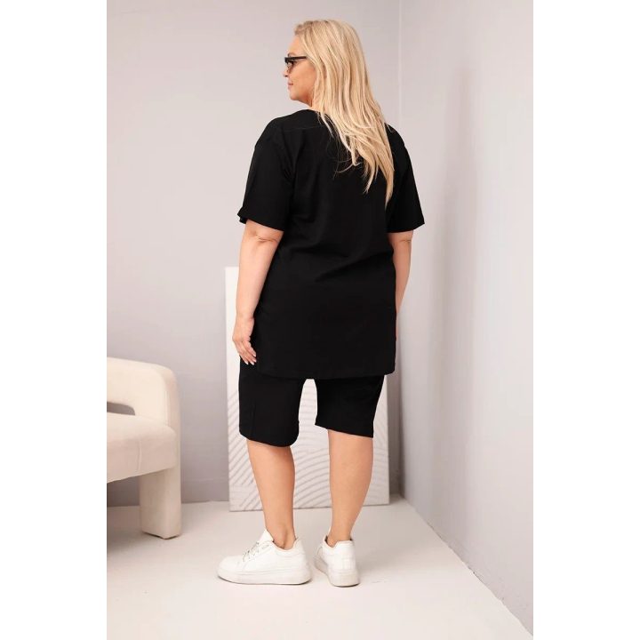 Moteriškas Plus Size medvilninis komplektas su palaidine ir šortais, juodas
