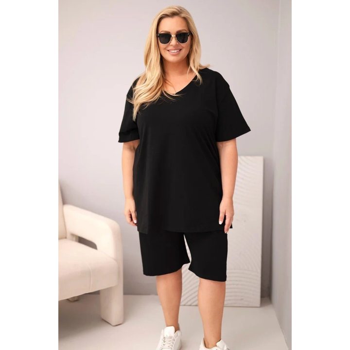Moteriškas Plus Size medvilninis komplektas su palaidine ir šortais, juodas