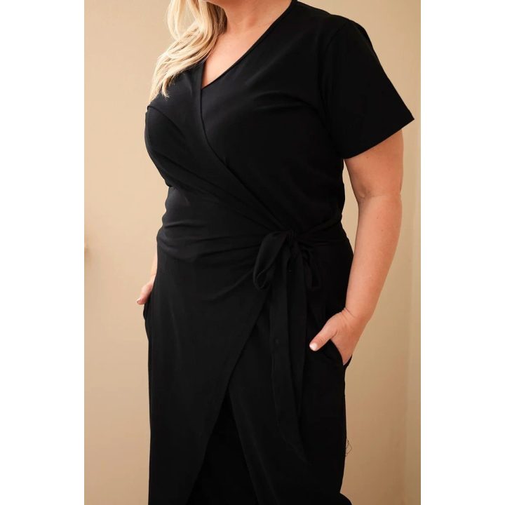 Moteriškas Plus Size kombinezonas su surišimu ties juosmeniu, juodas