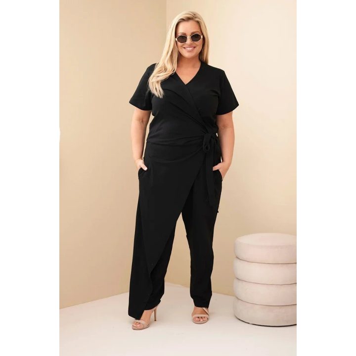 Moteriškas Plus Size kombinezonas su surišimu ties juosmeniu, juodas