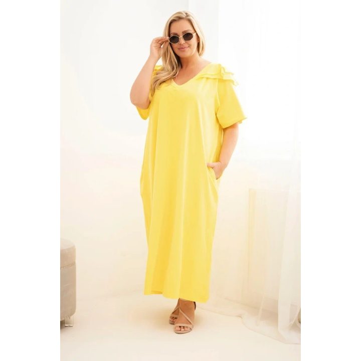 PAVADINIMAS: Moteriška Plus Size medvilninė suknelė su raukiniais ties pečiais, geltona APRAŠYMAS: Geltona Plus Size suknelė su